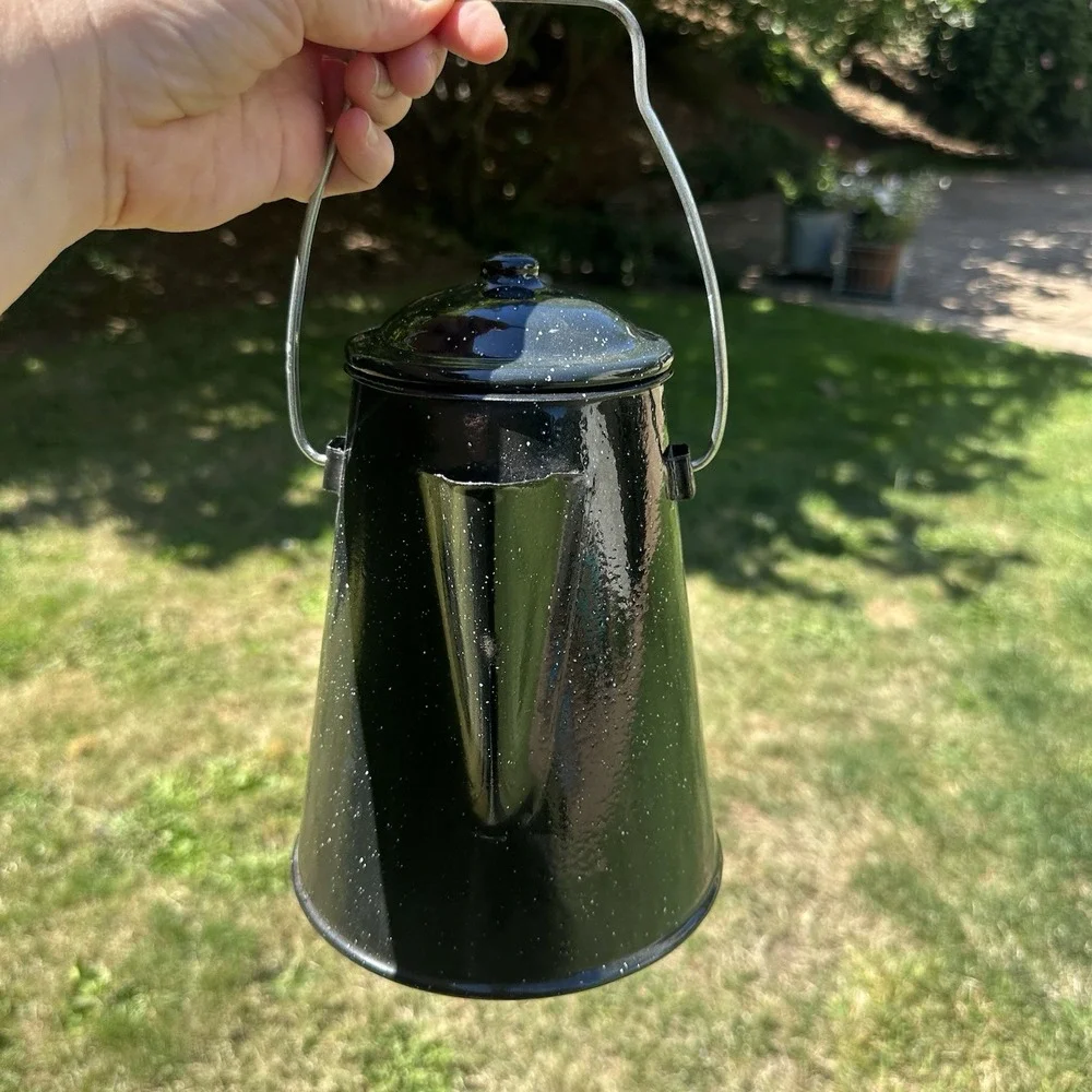 Vintage Black & White Speckled Enamelware Percolator Camping Cowboy Coffee Pot